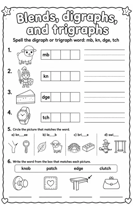 Spell the digraph or trigraph word: mb, kn, dge, tch