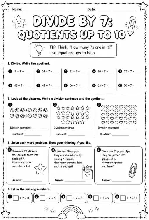 Divide by 7: quotients up to 10