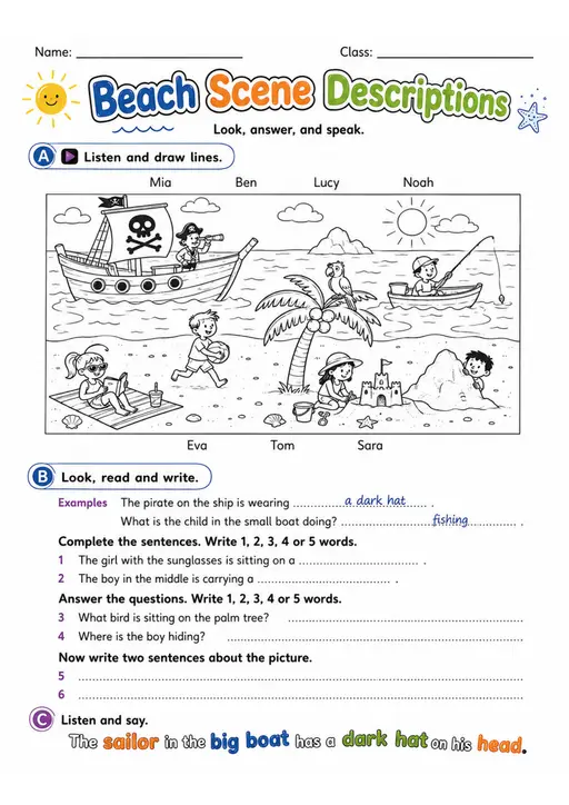 Cambridge MOVERS - Beach Scene Descriptions | Free Worksheet