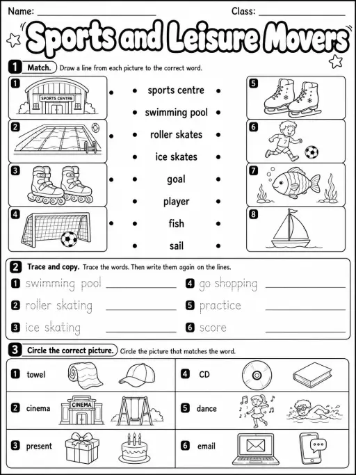 Sports and Leisure Movers Vocabulary Worksheet Pack - Set 2
