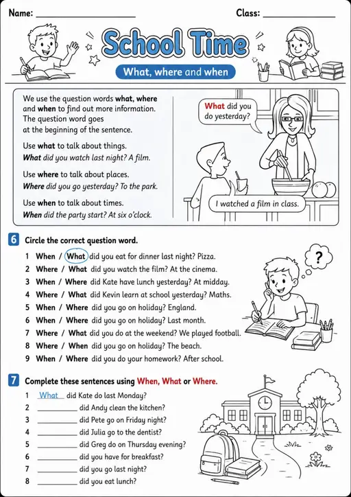 Past Simple Questions: School Time 4 | Grades 3-4 Grammar Worksheet