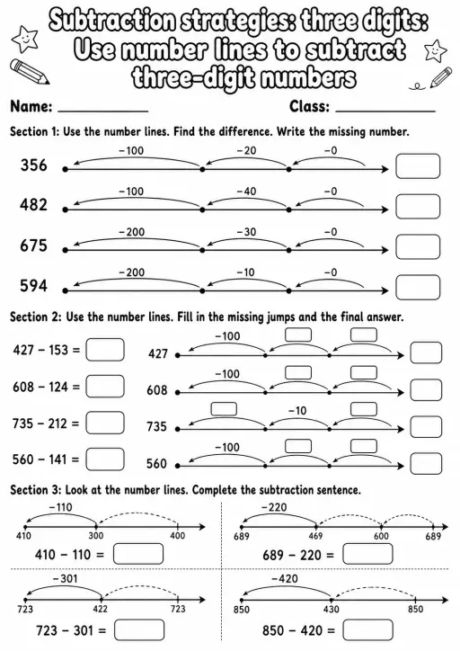 Grade 2 Subtraction Strategies: Three Digits Math Worksheet Pack