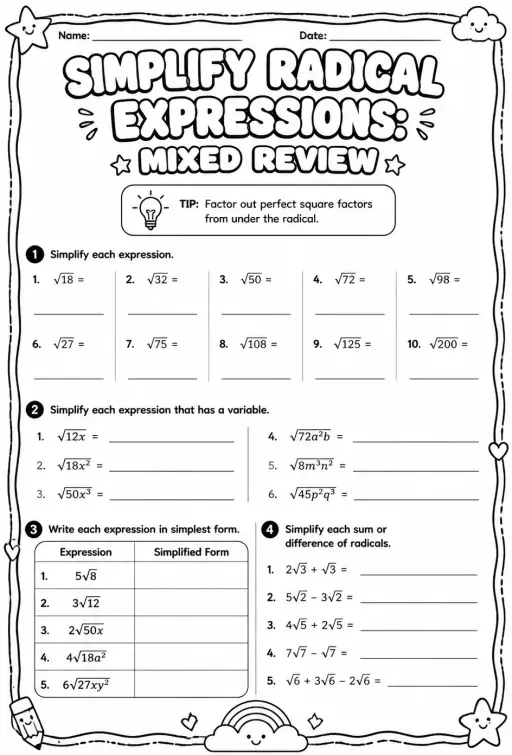 Simplify radical expressions: mixed review