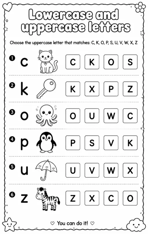 Choose the uppercase letter that matches: C, K, O, P, S, U, V, W, X, Z