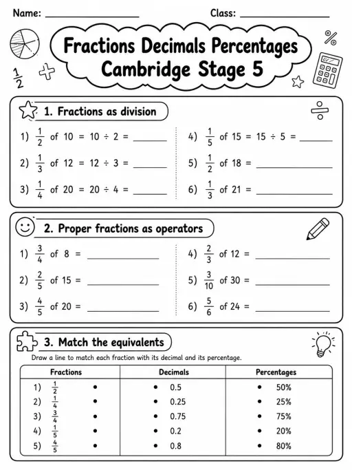 Fractions Decimals Percentages Cambridge Stage 5