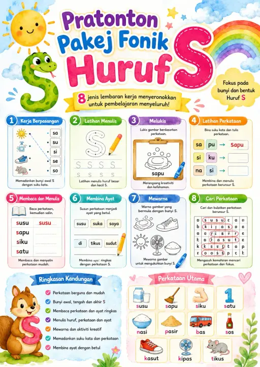 Malay Letter S Phonics Worksheets Pack