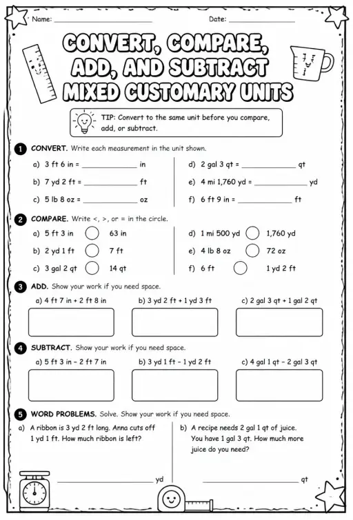 Convert, compare, add, and subtract mixed customary units