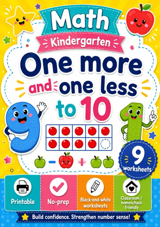 Kindergarten One More And One Less To 10 Math Worksheet Pack