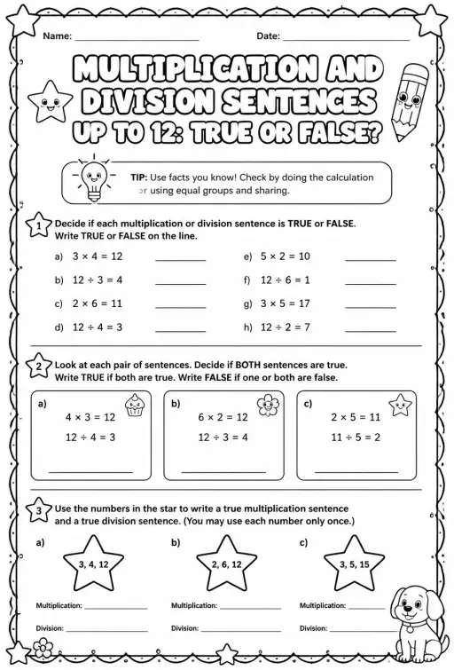 Multiplication and division sentences up to 12: true or false?