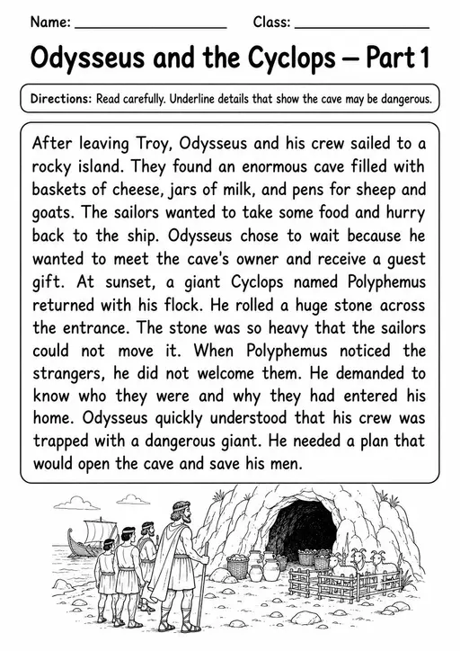 Odysseus and the Cyclops Reading Comprehension | Grade 4 | 8 Pages