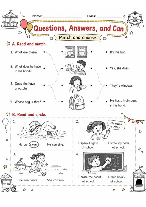 Questions, Answers, And Can | Grades 2-3 English Language Arts Worksheet