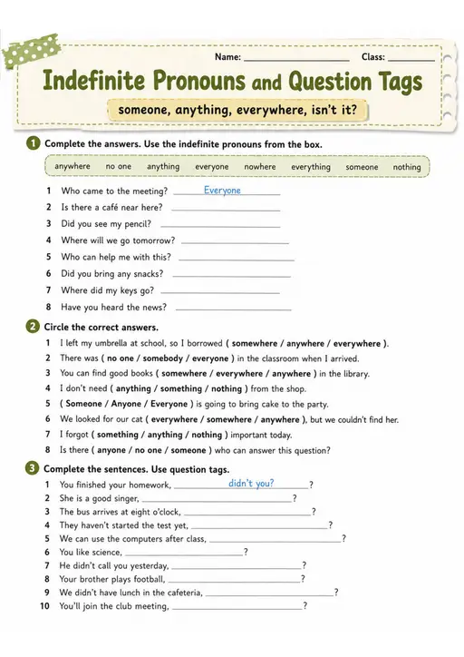 Indefinite Pronouns And Question Tags | Grade 5 Grammar Worksheet