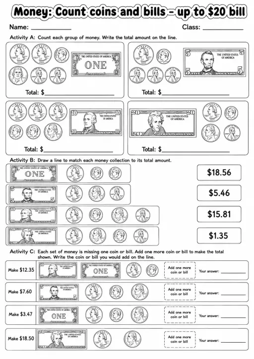 Grade 4 Money Math Worksheet Pack