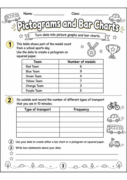 Pictograms and Bar Charts - Grade 3 Math Worksheet