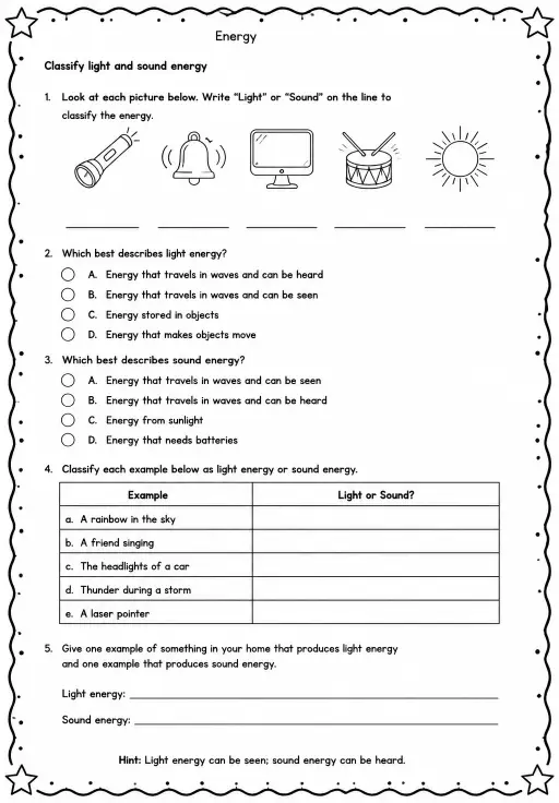 Classify light and sound energy