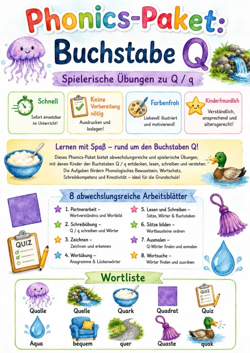 German Letter Q Phonics Worksheets Pack