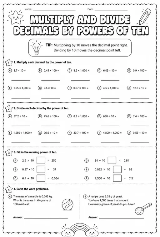 Multiply and divide decimals by powers of ten