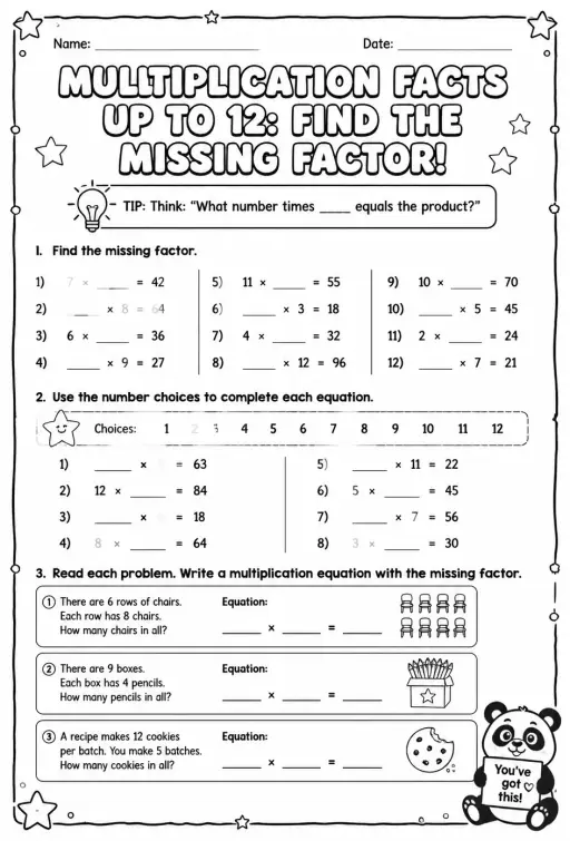 Multiplication facts up to 12: find the missing factor