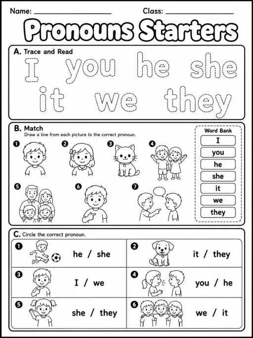 Pronouns Starters Vocabulary Worksheet Pack