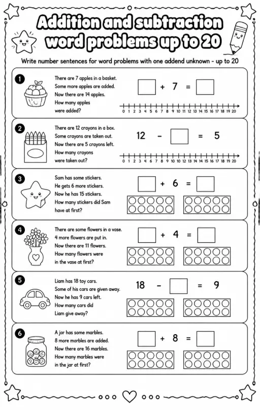 Write number sentences for word problems with one addend unknown - up to 20