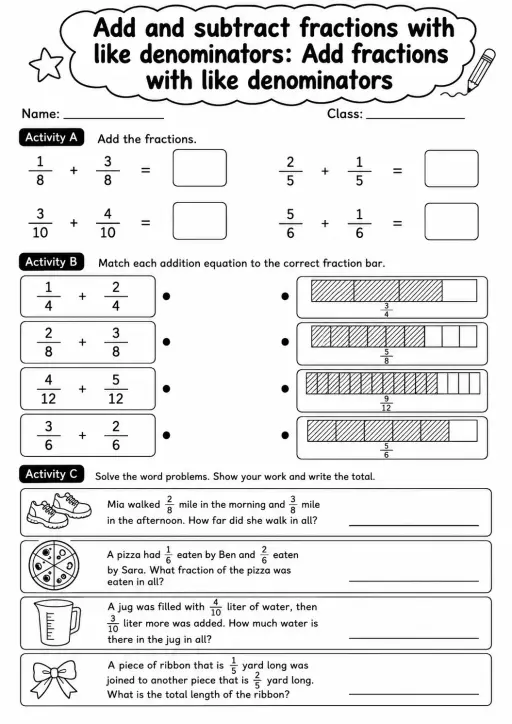 Grade 4 Add And Subtract Fractions With Like Denominators Math Worksheet Pack