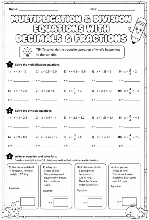 Solve one-step multiplication and division equations with decimals and fractions