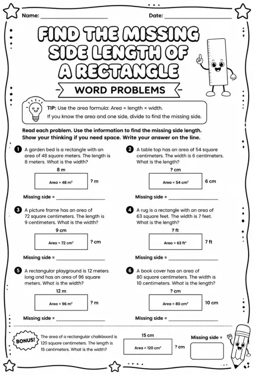 Find the missing side length of a rectangle: word problems