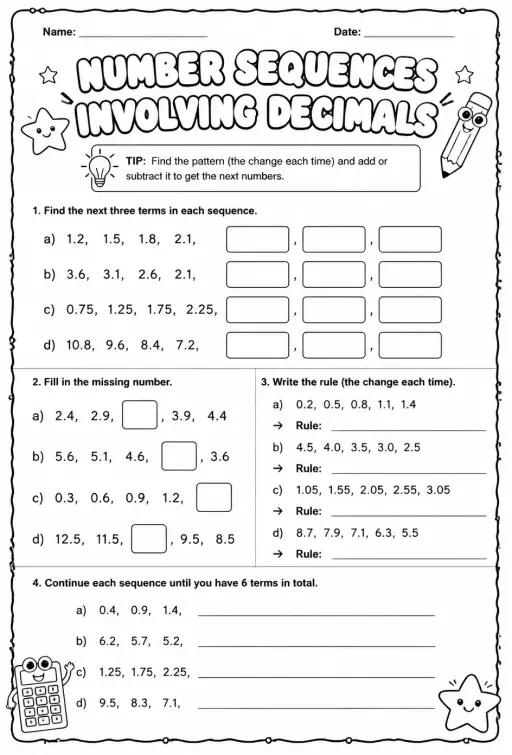 Number sequences involving decimals