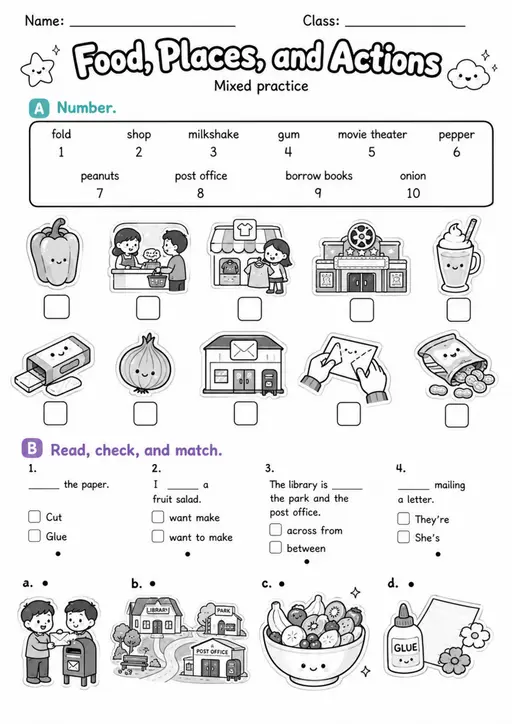 Food, Places, And Actions | Grade 2 Vocabulary Worksheet