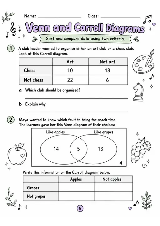 Venn and Carroll Diagrams - Grade 3 Math Worksheet - WKS-MAT-grade-3-XH-0142-EN