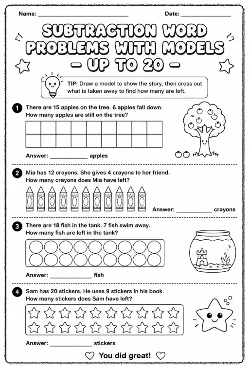 Subtraction word problems with models - up to 20