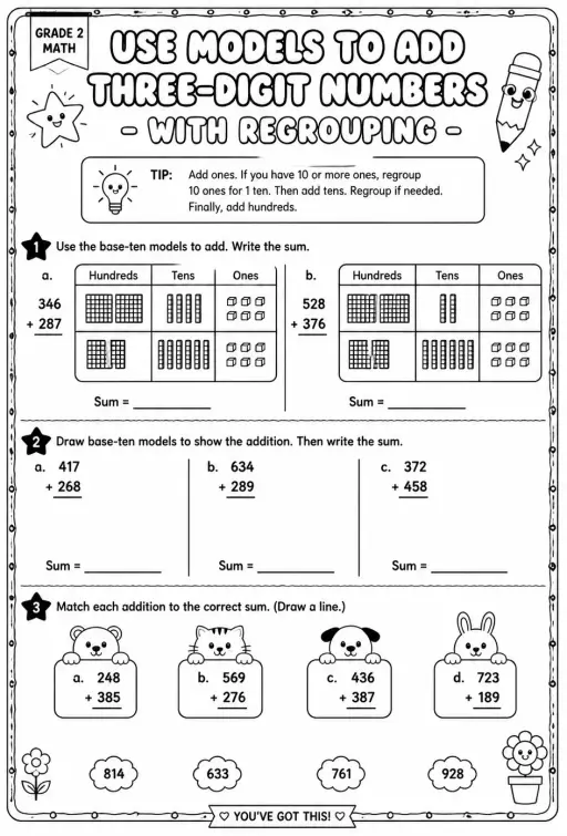 Use models to add three-digit numbers - with regrouping