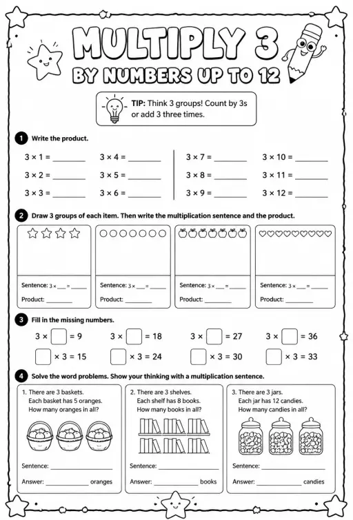 Multiply 3 by numbers up to 12