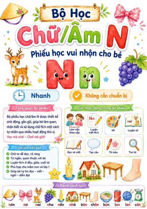Vietnamese Letter N Phonics Worksheets Pack