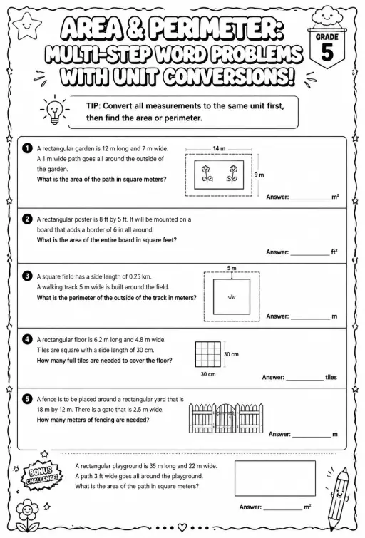 Area and perimeter: multi-step word problems with unit conversions