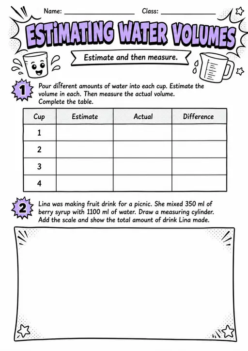 ESTIMATING WATER VOLUMES - Grade 3 Math Worksheet