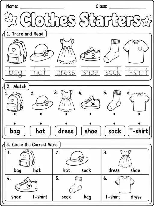 Clothes Starters Vocabulary Worksheet Pack