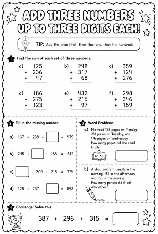 Add three numbers up to three digits each