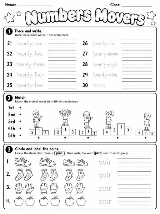 Numbers Movers Vocabulary Worksheet Pack - Set 2