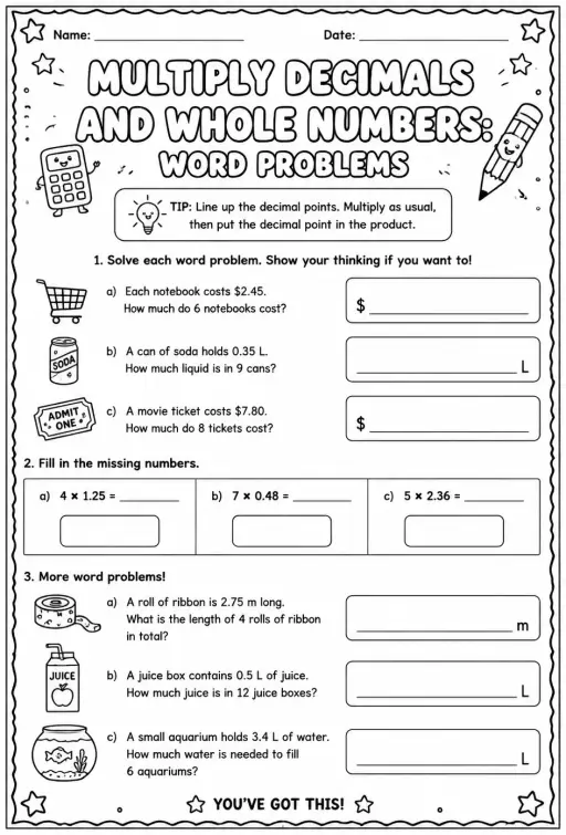 Multiply decimals and whole numbers: word problems