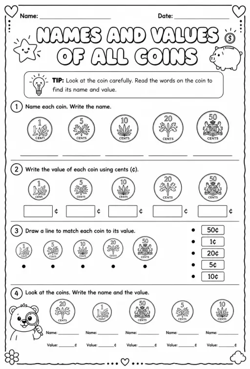 Names and values of all coins