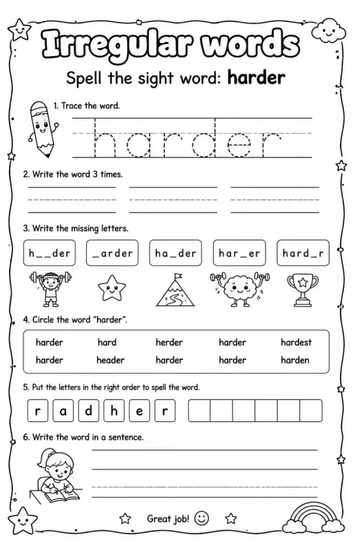 Spell the sight word: harder