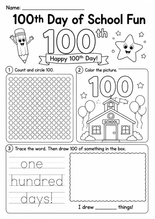 100th Day of School Worksheet — Grade 1