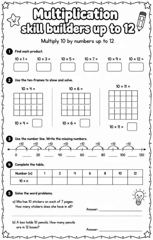 Multiply 10 by numbers up to 12