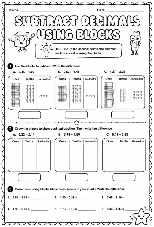 Subtract decimals using blocks