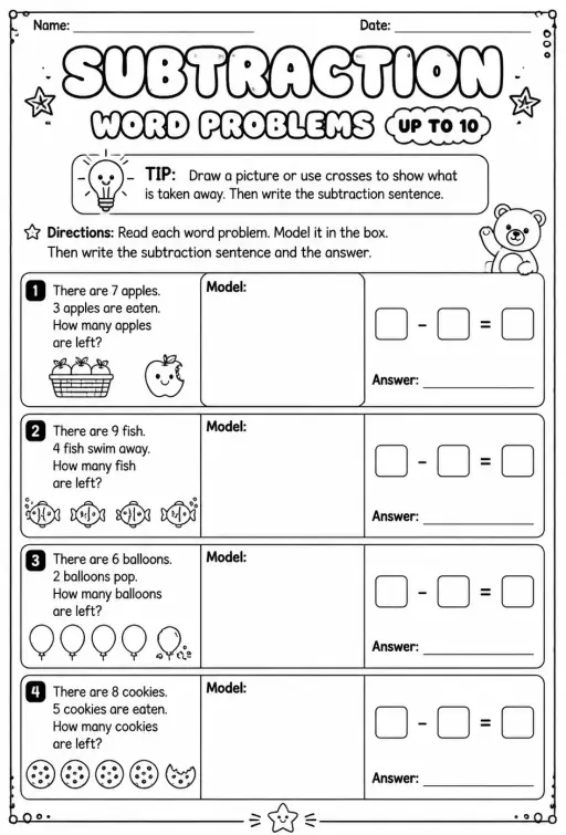 Model and write subtraction sentences for word problems - up to 10