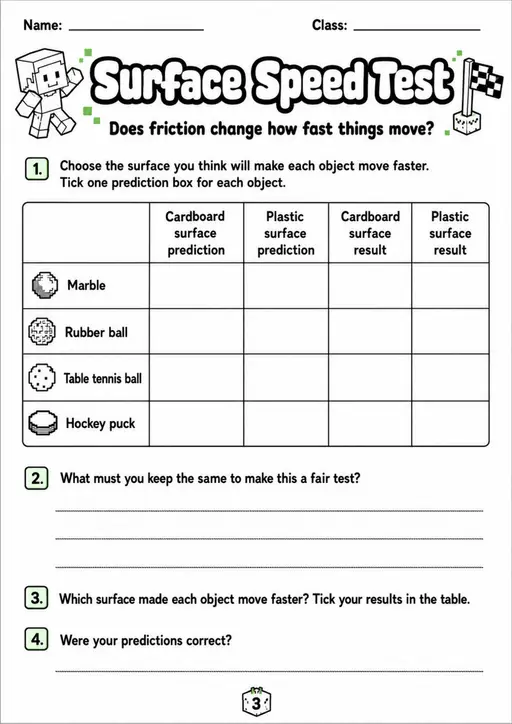 Surface Speed Test - Grade 3 Science Worksheet