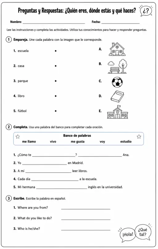 Hacer y responder preguntas básicas sobre identidad, ubicación, preferencias y rutinas.