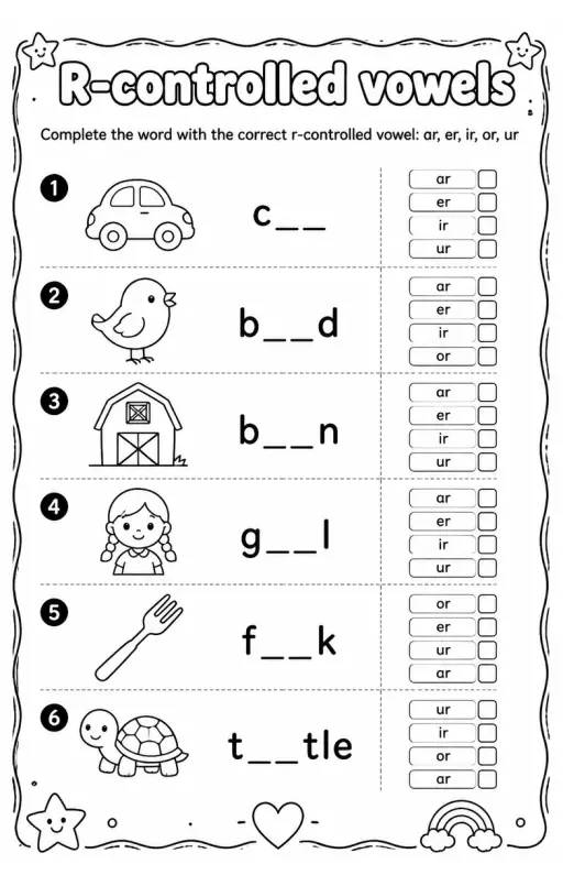 Complete the word with the correct r-controlled vowel: ar, er, ir, or, ur