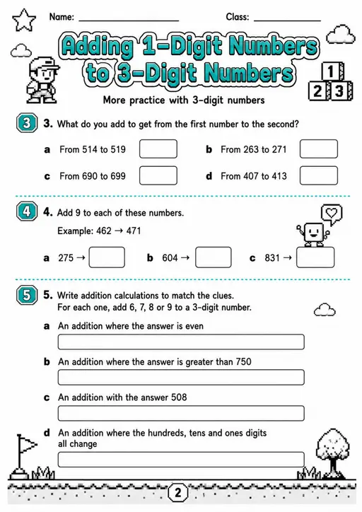 Adding 1-Digit Numbers to 3-Digit Numbers - Grade 3 Math Worksheet - grade 3 Labeling, matching, sorting, and classification